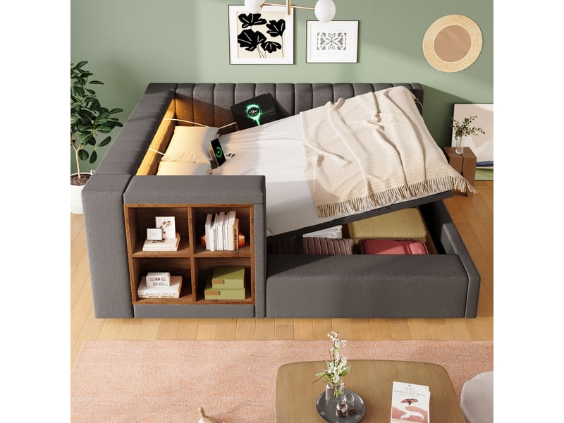 Lit coffre 140x200 cm avec tête de lit réversible, lit gigogne avec 4 niches de rangement, led par appli, usb et type-c, lin, gris Morn Vibe - Conforama C