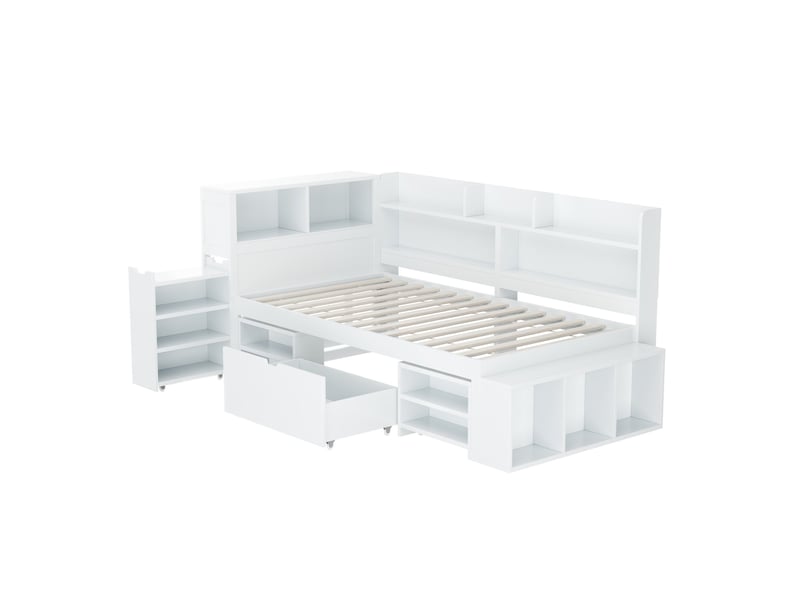  Lit enfant 90 x 190 cm – multifonction avec tiroirs et étagères – blanc  - Conforama D