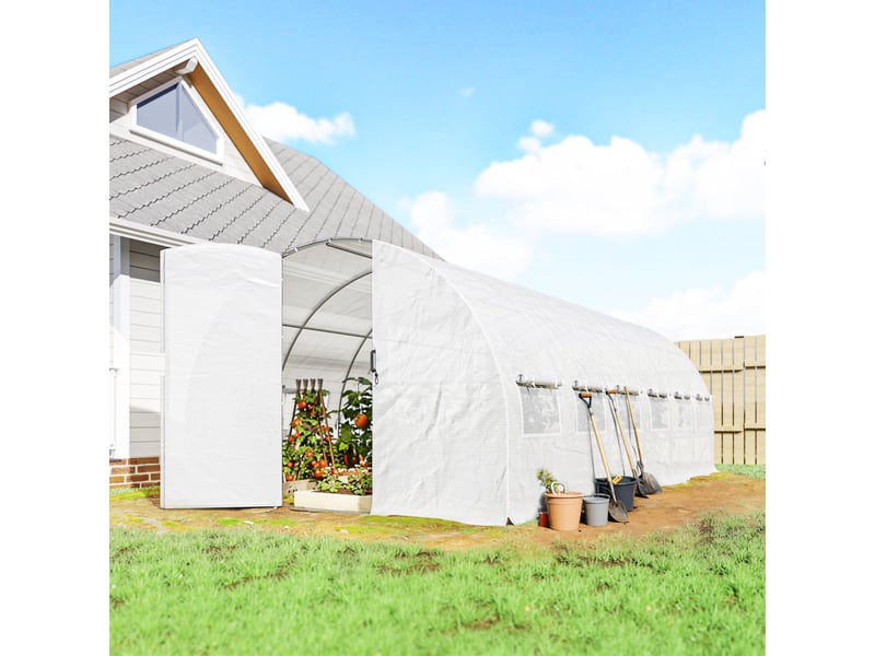  Serre tunnel 6 x 3 x 2 m avec porte à charnières, 12 fenêtres grillagées et structure en acier galvanisé blanc  - Conforama C