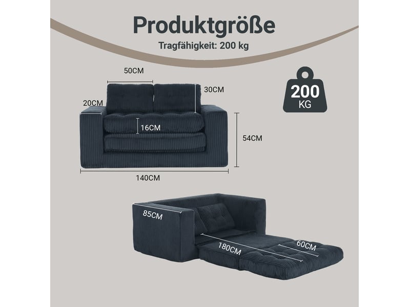  Canapé droit convertible 2 places en velours côtelé noir 140 cm, format compact pour petits espaces et invités  - Conforama C