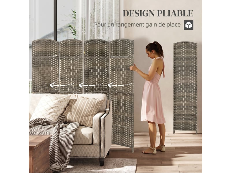  Paravent intérieur en bois 4 panneaux séparateur de pièce pliable pour salon chambre 180 x 180 cm foncé chêne  - Conforama A