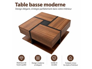 Table basse carrée noire et effet bois avec 4 tiroirs et étagère inférieure, 78 x 78 x 36 cm