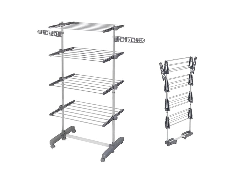  Séchoir à linge pliable gris en acier inoxydable et abs, 4 niveaux sur roulettes, rangement compact à domicile  - Conforama A