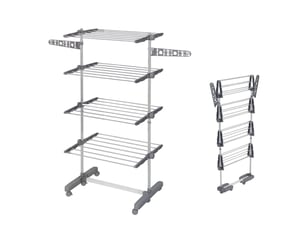 Séchoir à linge pliable gris en acier inoxydable et abs, 4 niveaux sur roulettes, rangement compact à domicile