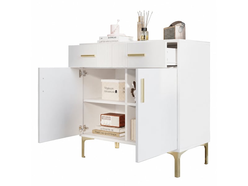 Buffet 2 portes 2 tiroirs, façades rainurées, poignées et pieds en métal doré, blanc, 80 x 35 x 79,5 cm - Conforama A