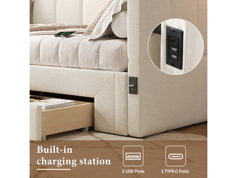  Lit de jour 90x200 cm extensible en 180x200 cm avec 2 tiroirs de rangement, ports usb et type-c, lin beige.  - Conforama E