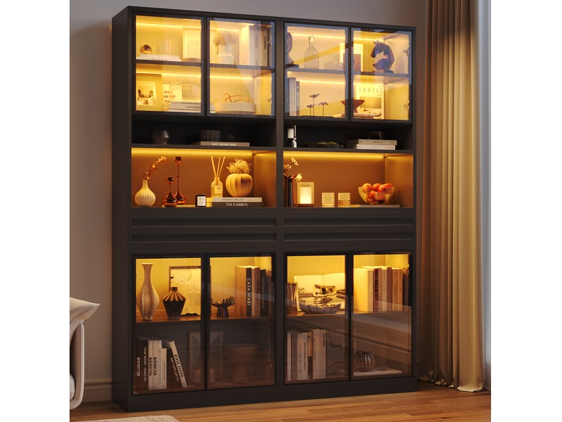 Lot de 2 vitrines avec 8 portes vitrées, 2 tiroirs et éclairage led à commande vocale pour salon en mdf noir - Conforama D