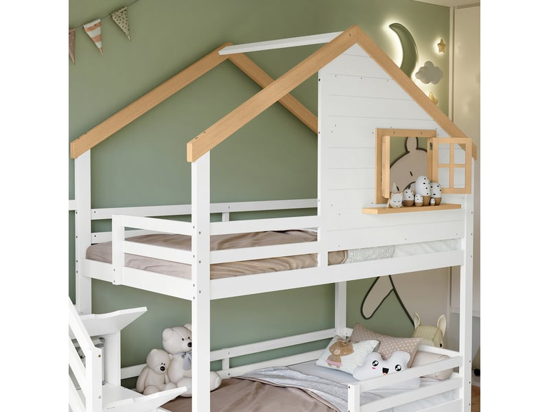  Lit superposé enfant en bois avec escalier de rangement, fenêtre, rangement sous lit, 90x200cm, blanc et naturel  - Conforama D