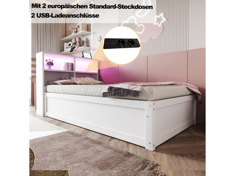  Lit simple 90x200 cm avec led et prise, cadre de lit adulte avec tête de lit de rangement, blanc, lit simple en bois massif  - Conforama W