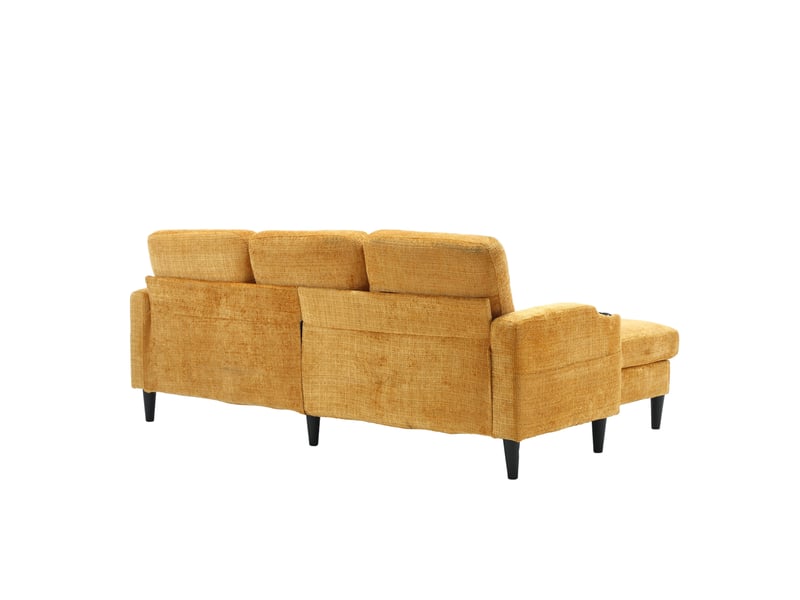 Canapé droit 196x75x77cm avec repose-pieds de rangement, porte-gobelet, poches latérales, accoudoirs, chenille jaune - Conforama R