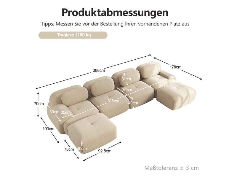 Canapé d’angle en velours côtelé beige, 4 places, 388 cm, panoramique, modulable W3325S00040 - Conforama E