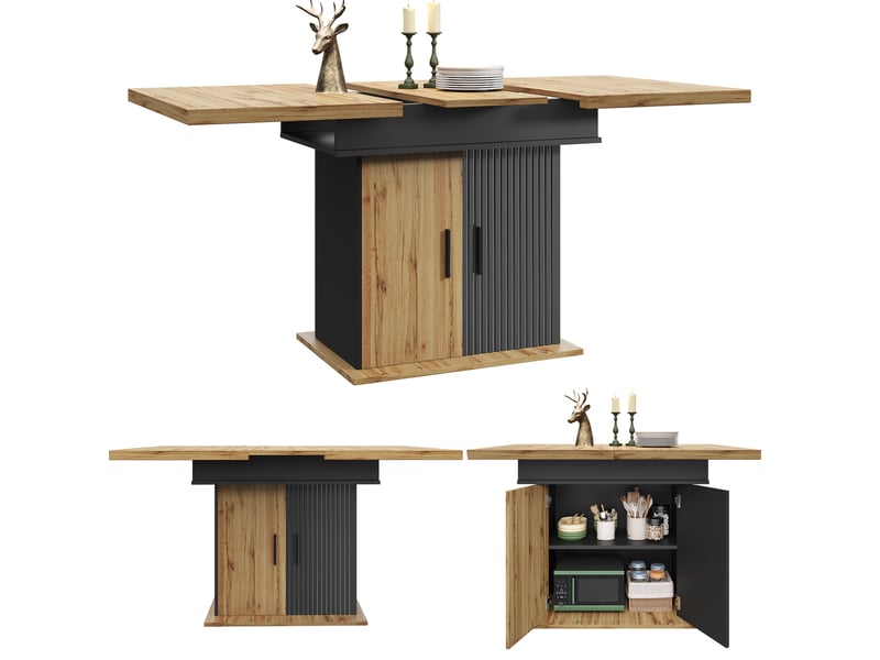 Table à manger extensible 110-140 x 80 cm avec rangement, noir et naturel - Conforama A