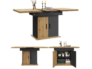 Table à manger extensible 110-140 x 80 cm avec rangement, noir et naturel