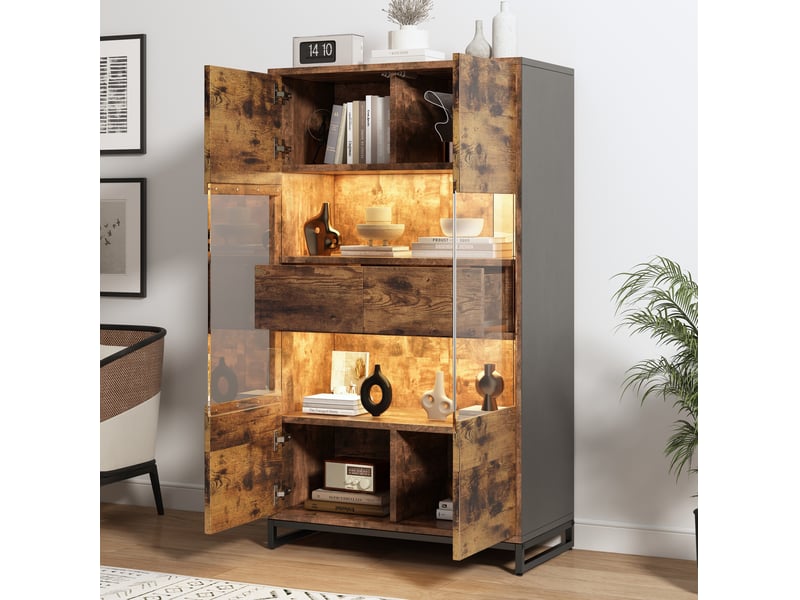  Vitrine led 80x40x138 cm noire et décor bois foncé avec 2 tiroirs  - Conforama E