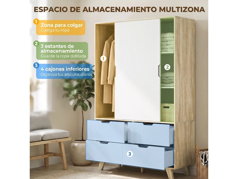  Armoire de chambre moderne avec portes coulissantes, penderie, étagères réglables et 4 tiroirs, chêne et blanc  - Conforama D