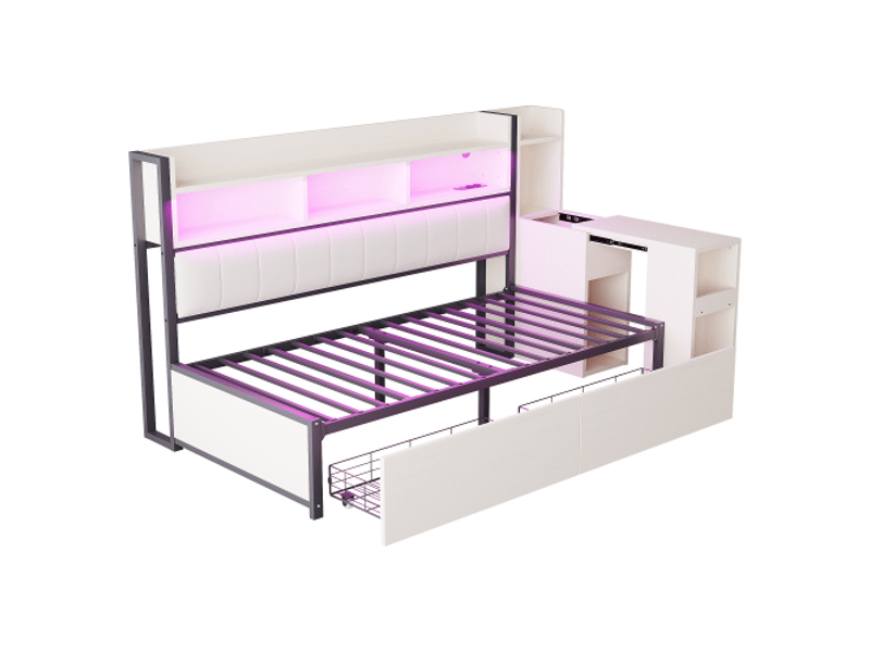  Lit double 140x200 cm en similicuir noir, led intégré, coffre de rangement  - Conforama A
