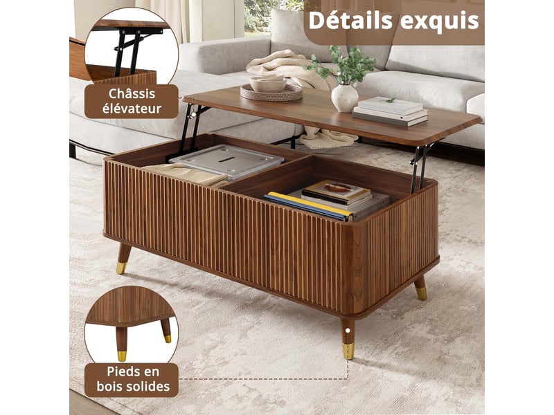  Table basse 97x52x56,5 cm, plateau relevable, grand rangement, façade ondulée, style vintage pour salon et séjour - noyer  - Conforama E