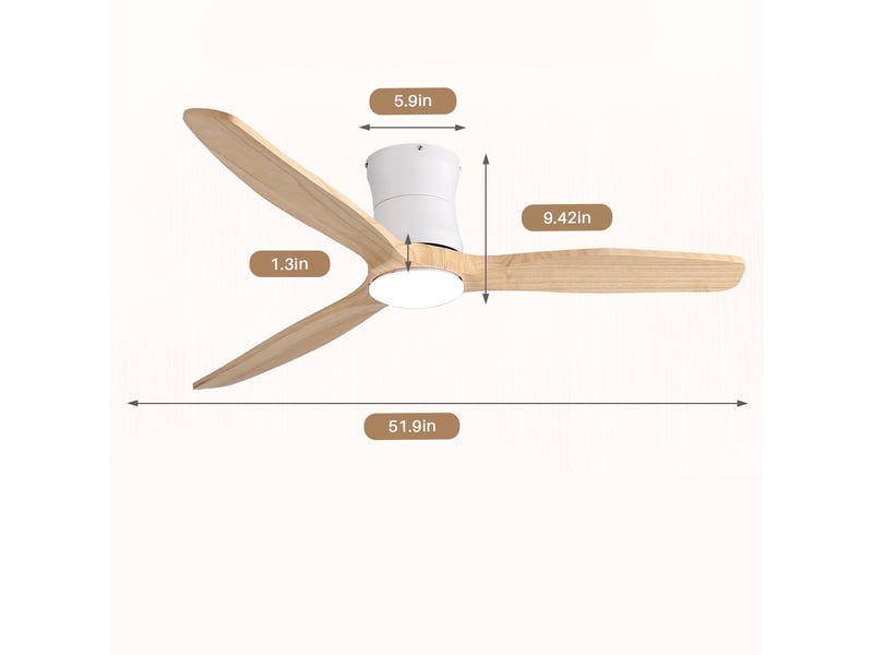 Ventilateur de plafond 132 cm avec éclairage et télécommande, luminaire de ventilateur silencieux pour chambre et salon, 3 pales en bois massif, blanc - Conforama E