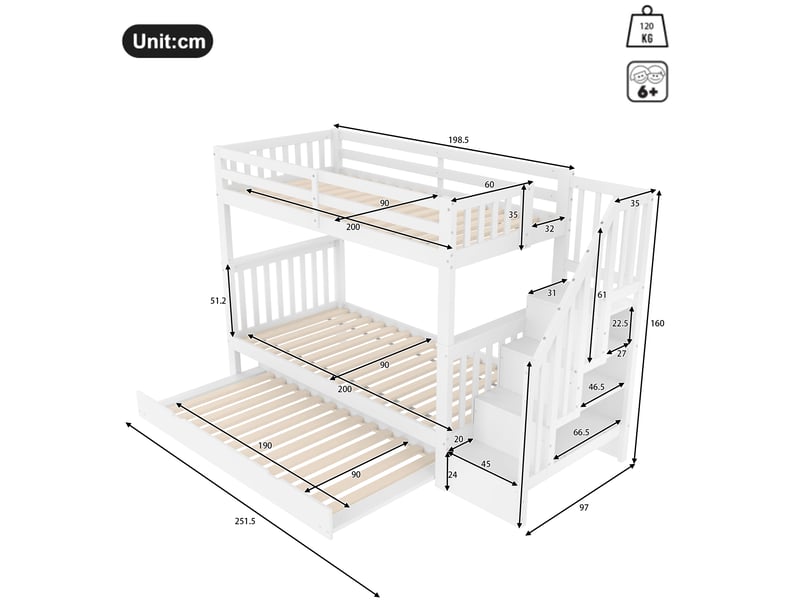 Lit superposé 90 x 200 cm avec lit gigogne, escalier à rangements et garde-corps hauts, certifié en 747-1, blanc - Conforama C