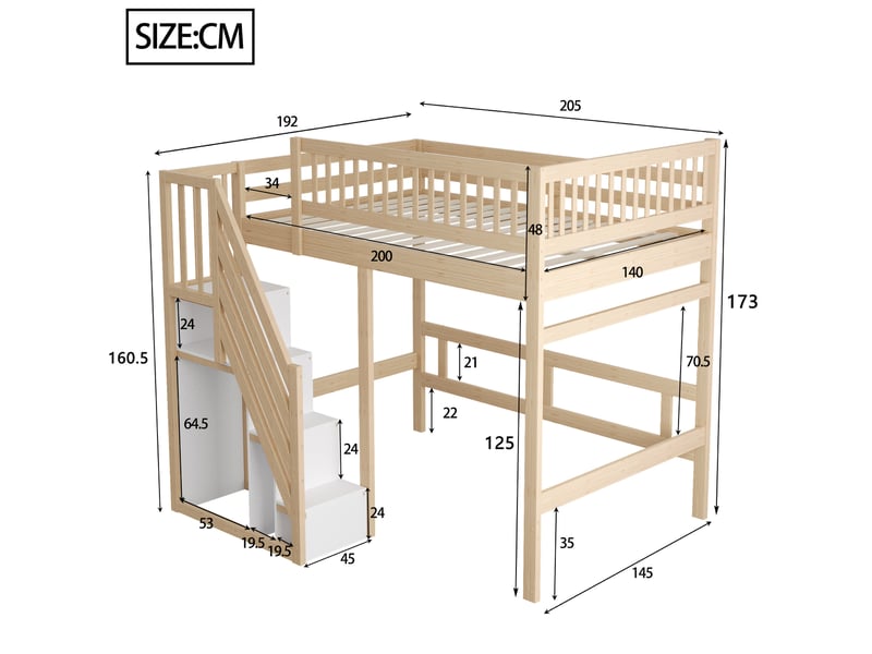  Lit mezzanine enfant 140x200 cm en bois avec escalier de rangement, naturel  - Conforama C