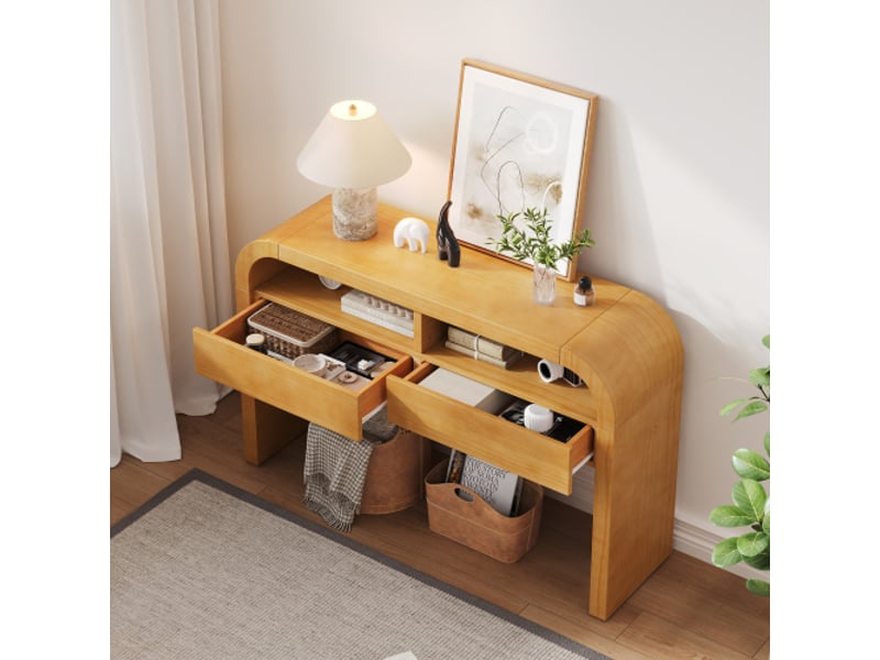 Console d'entrée avec tiroirs et buffet latéral ondulé - pieds réglables - console étroite pour couloirsalon - naturel - Conforama E