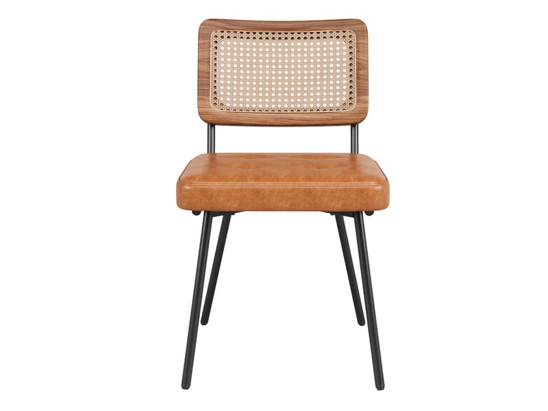  Lot de 4 chaises, marron, pu + métal, style raffiné, pieds fer réglables, dossier rotin pe  - Conforama E