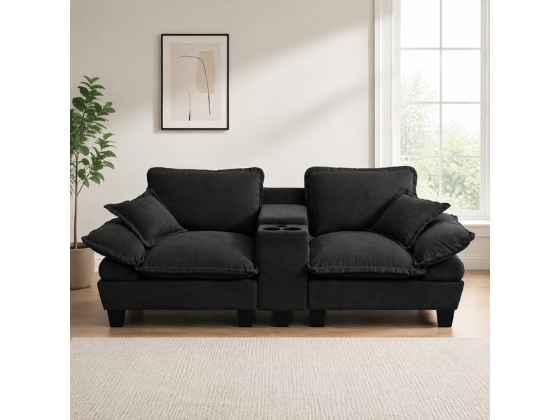 Canapé modulable 2 places 224x82x90 cm, usb, espaces de rangement, porte-gobelets, coussins, chenille, noir - Conforama B