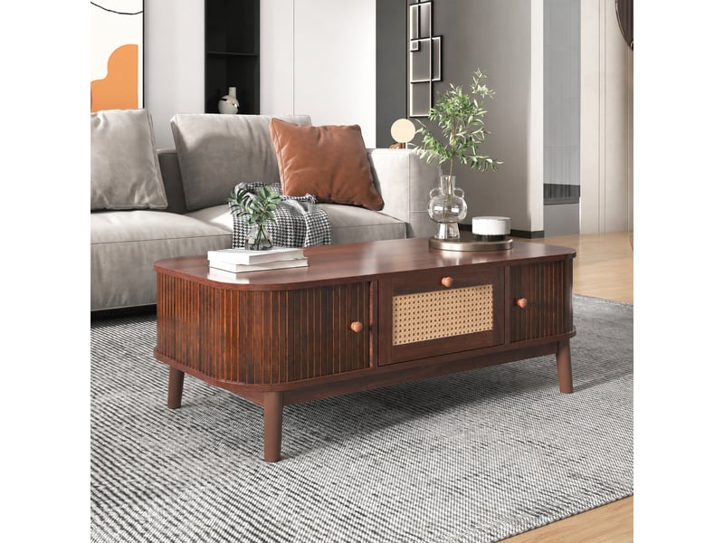  Table basse effet noyer avec portes coulissantes en rotin et tiroir, 110 x 55 x 38,5 cm  - Conforama B