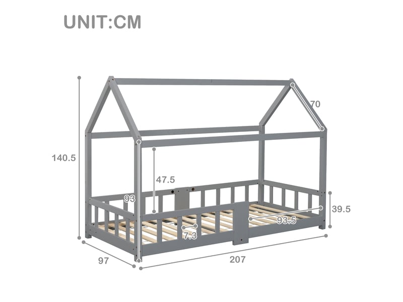 Lit cabane enfant 90x200 cm gris avec tableau, sommier à lattes et barrières - Conforama C