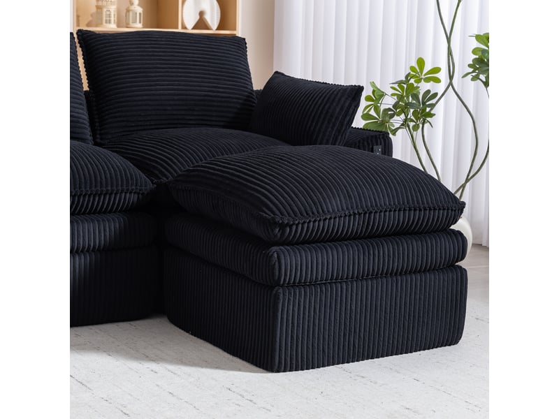 Canapé modulable 4 places en velours côtelé noir avec 2 poufs, coussins et poches latérales - Conforama W
