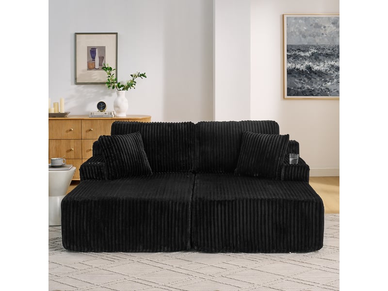 Canapé convertible, canapé-lit – en velours tricoté, noir, 2 places, poches latérales, porte-gobelets - Conforama W