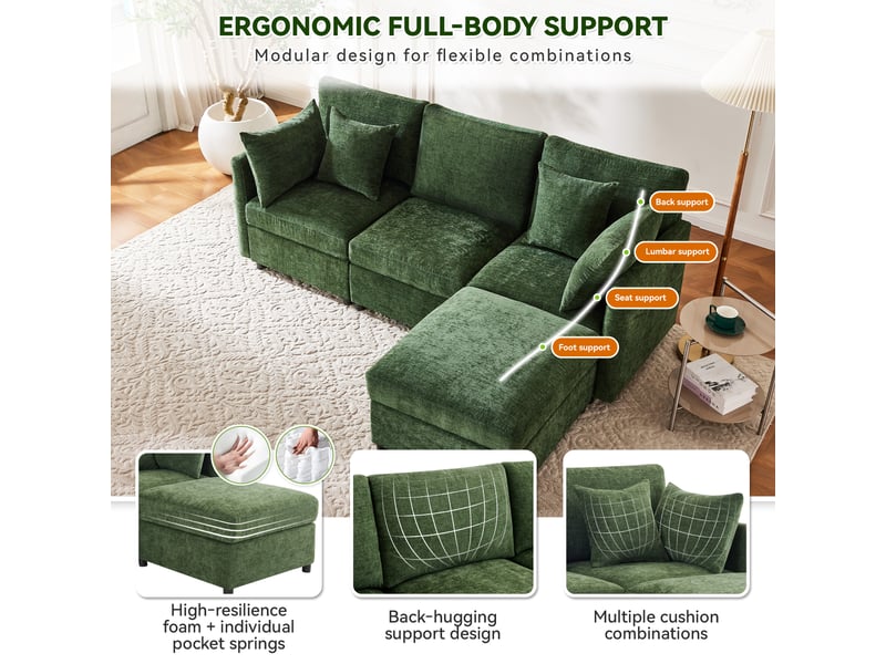  Canapé modulable 3-4 places 216 x 161 x 81 cm, canapé d’angle avec pouf mobile et 4 coussins, tissu chenille - vert  - Conforama E