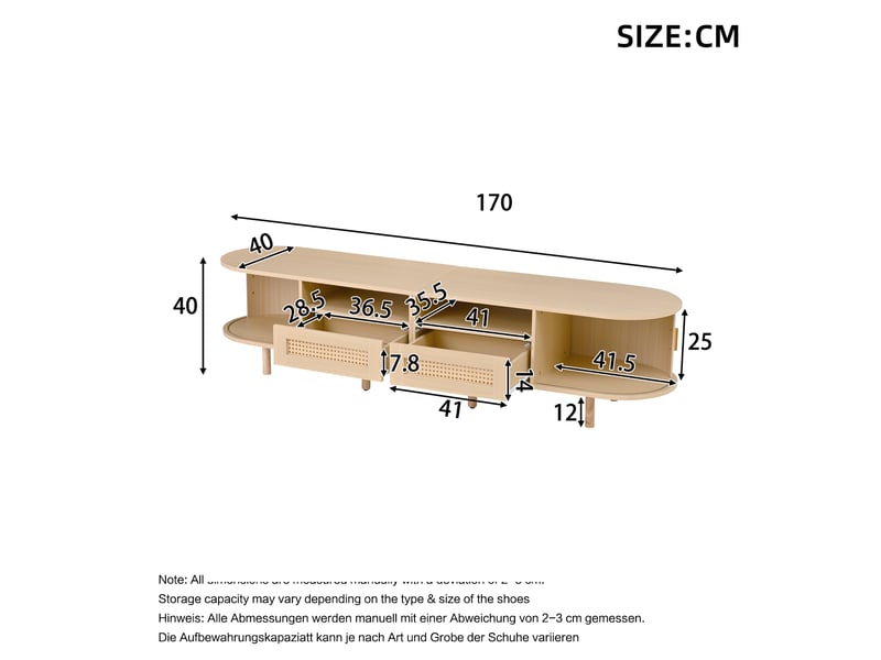  Meuble tv bas ovale 170 x 40 x 40 cm, 2 tiroirs effet rotin, 2 portes coulissantes, tv jusqu'à 70 pouces, mdf effet bois clair Radiant Stride - Conforama C