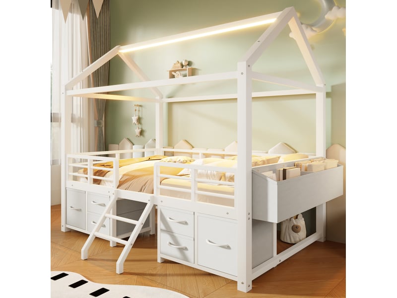  Lit mezzanine 90x200 cm avec led et tiroirs en tissu, en métal blanc  - Conforama B