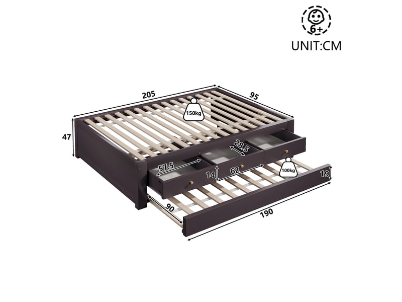  Lit simple 90x200 cm avec 3 tiroirs et lit gigogne 90x190 cm marron café, sans de tête de lit ni de matelas  - Conforama C