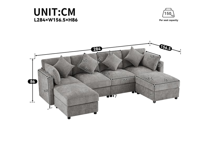  Canapé modulaire 284x156,5x86 cm accoudoirs réglables structure en bois gris  - Conforama E