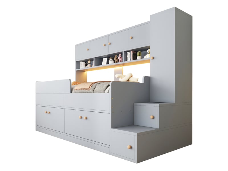  Lit mezzanine enfant 90x200 cm en panneaux de particules, mdf et panneaux multiplis avec rangement et led gris chicfurn  - Conforama A