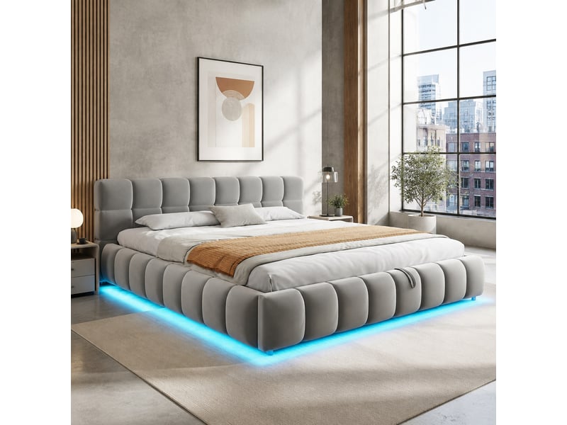  Lit coffre 180 x 200 cm gris en velours avec led et tête de lit  - Conforama B