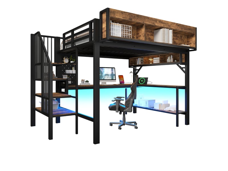  Lit mezzanine enfant 140x200 cm – marron vintage et noir – bureau d'angle, rangements, led et prises usb  - Conforama A