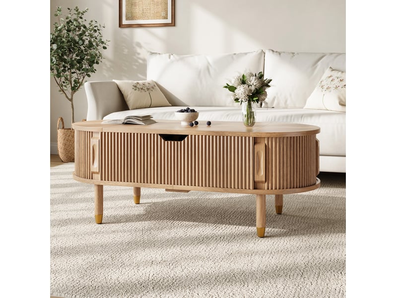  Table basse ovale 110x48x57 cm, plateau relevable, porte coulissante, rangement, mdf pieds bois d’hévéa, naturel  - Conforama D