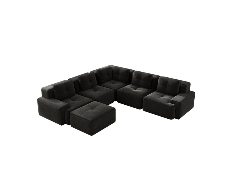 Canapé d'angle modulable sans cadre 5 places 295x295x69 cm avec pouf, assise profonde 74 cm, base antidérapante, velours côtelé noir Radiant Stride - Conforama A