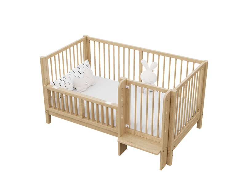  Lit bébé évolutif 140x70 cm lit cododo pin massif naturel avec barrière de sécurité et marchepied intégré  - Conforama A