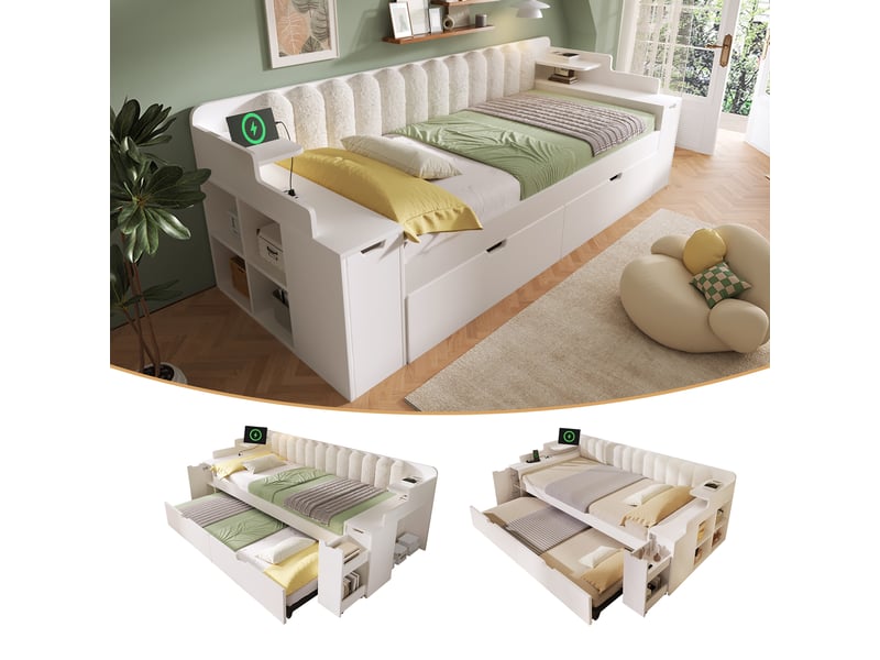  Lit banquette 90x200 cm, lit de jour avec sommier, lit gigogne, 3 usbusb-c, chariot, sherpa (sans matelas), blanc CozyNest - Conforama B