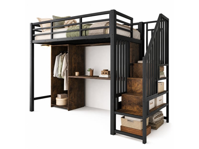  Lit mezzanine 90 x 200 cm noir métal et mdf, bureau, armoire et escalier avec rangements intégrés  - Conforama A
