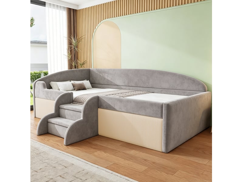  Lit enfant rembourré 90 × 190 cm avec barrières latérales et marches intégrées, sans matelas, en velours gris  - Conforama C