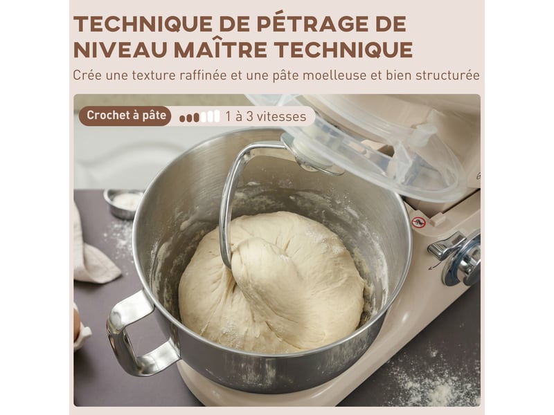  Robot pâtissier 1300 w, robot pétrin professionnel 4,5 l, bol d'acier inoxydable, 6+p vitesses et pulse, beige  - Conforama E