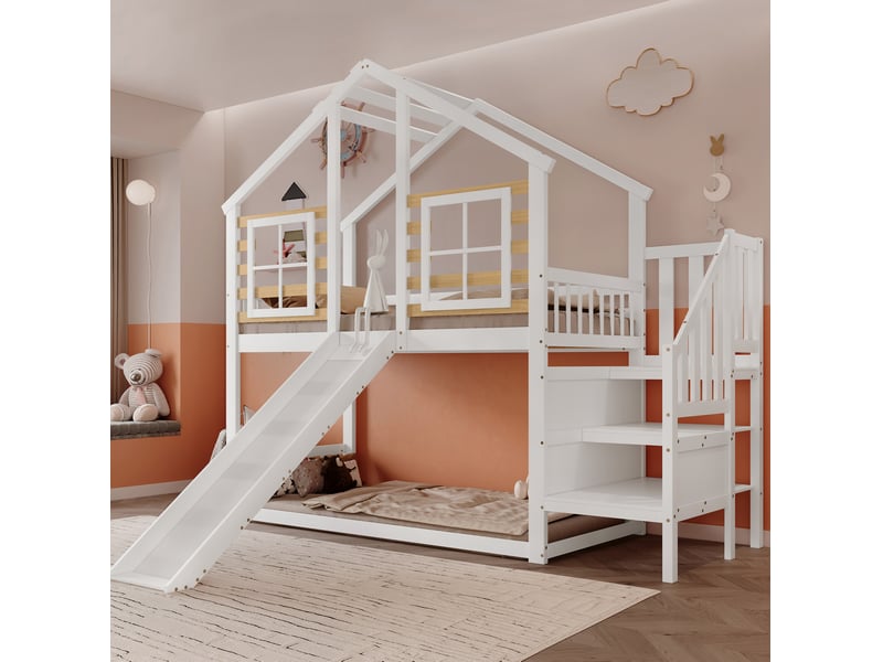Lit superposé cabane 90 x 200 cm avec toboggan, escalier et barrières, blanc - Conforama E