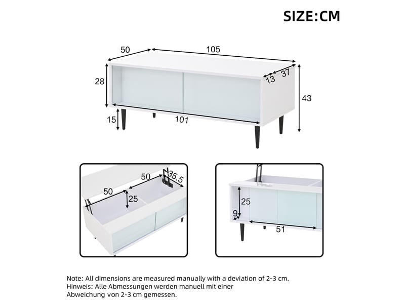  Table basse relevable avec rangement, led et portes coulissantes en verre pour salon, 105 × 50 × 43 cm  - Conforama D