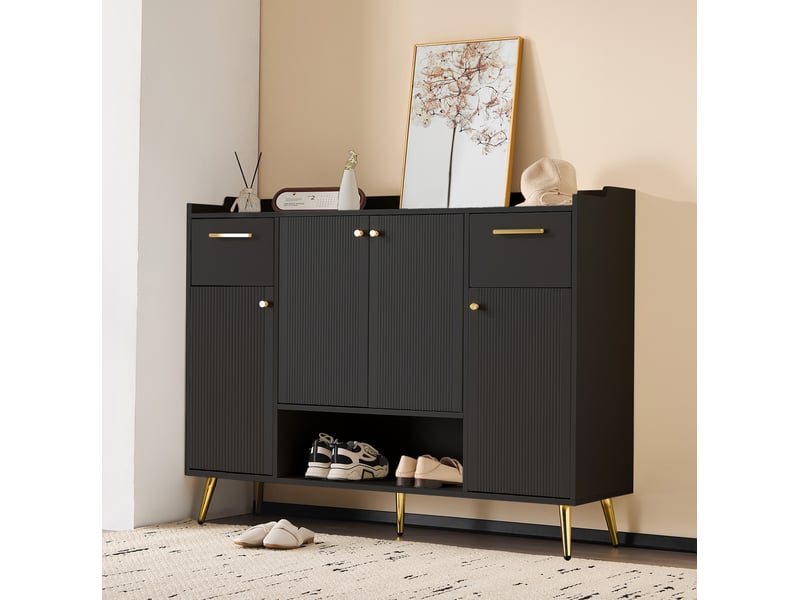  Meuble à chaussures ulevr avec rangement, 130 x 37 x 100 cm, 2 tiroirs, 4 portes et niche ouverte, panneau de particules noir  - Conforama D