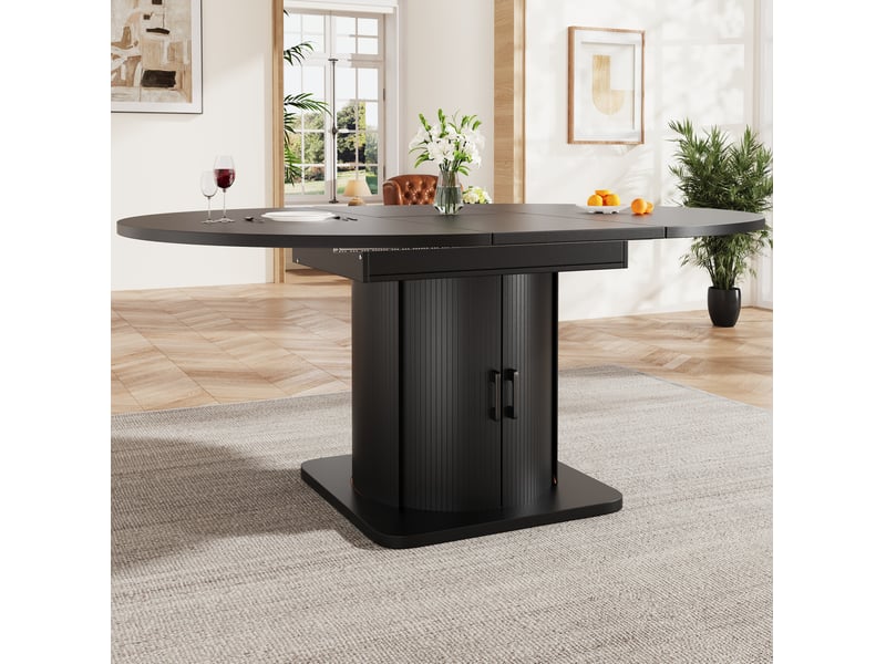  Table de salle à manger extensible ronde à ovale avec 1 tiroir et rangement pour cuisine et salon en mdf noir  - Conforama D